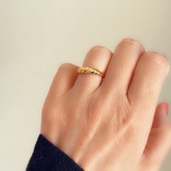 14k Gold finish Sterling Silver Classic Gold Twist CZ Ring - Picture 12 of 17